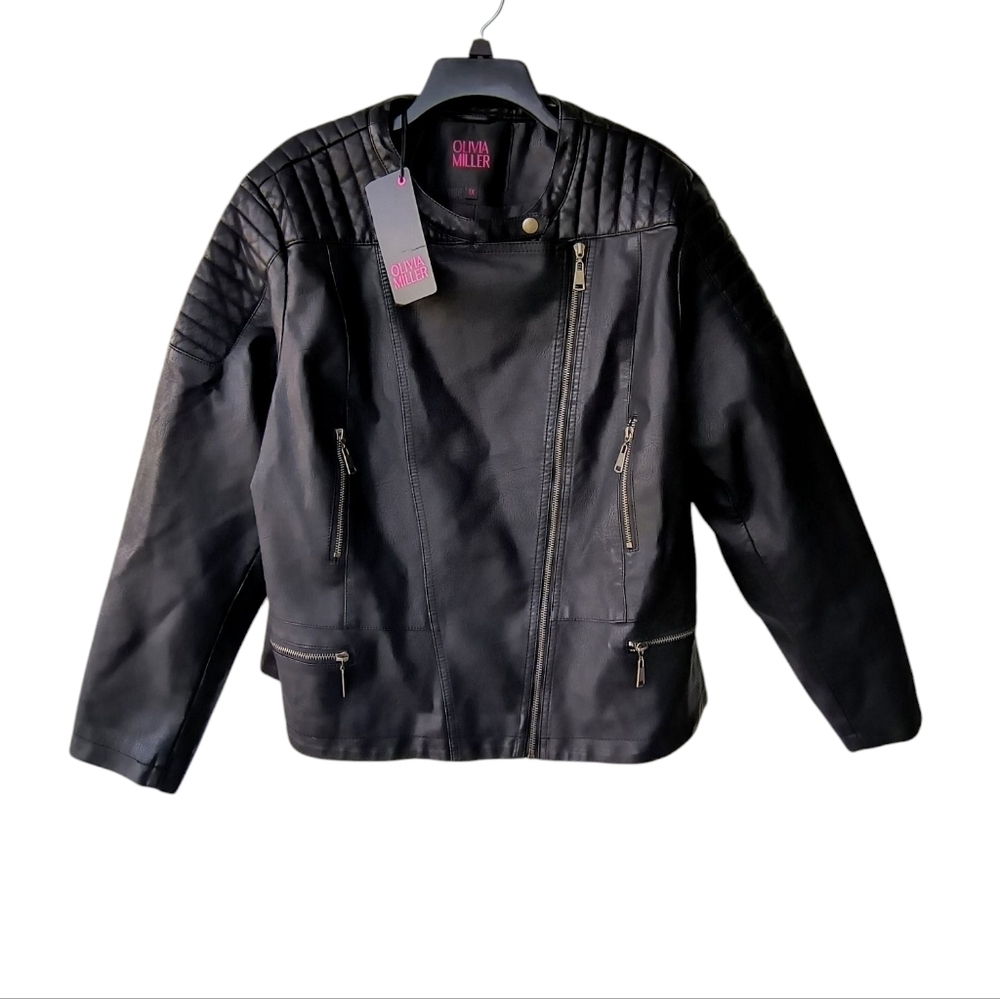 Olivia Miller Women's Plus Black Faux Leather Quilted Moto Jacket, 1X, NWT